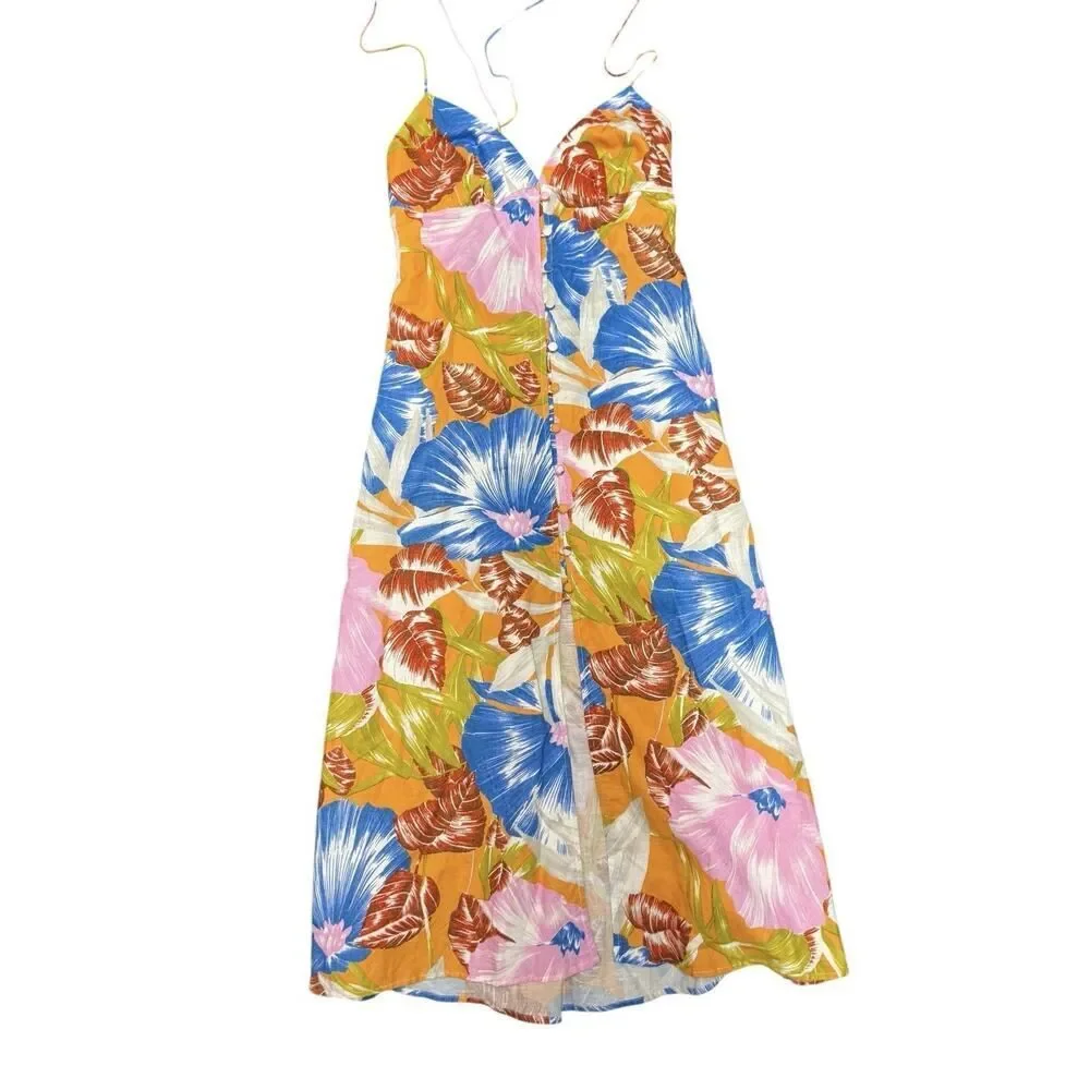 NWT Zara Tropical Floral Midi Dress Linen Blend Blogger Favorite Summer L